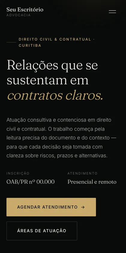 A página de advocacia no celular, com o botão de agendamento visível sem rolar.