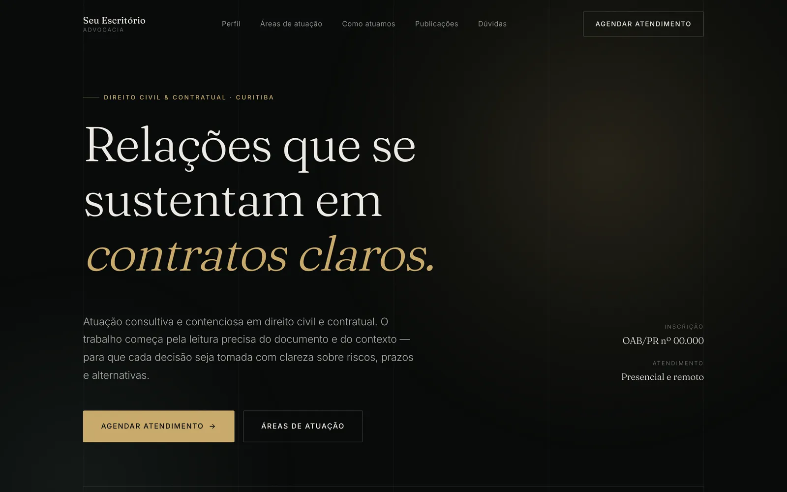 Exemplo de página para escritório de advocacia: fundo grafite, título em serifa clara com destaque dourado.