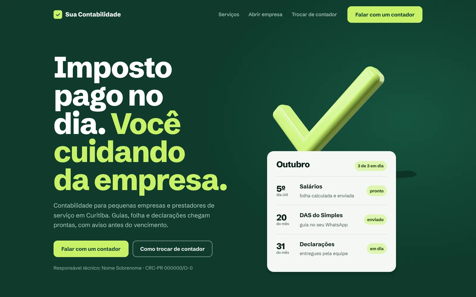 Exemplo de página para escritório de contabilidade: fundo verde-floresta, título branco e verde-limão, agenda de obrigações.