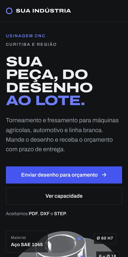 A página da indústria no celular, com o botão de enviar desenho para orçamento.
