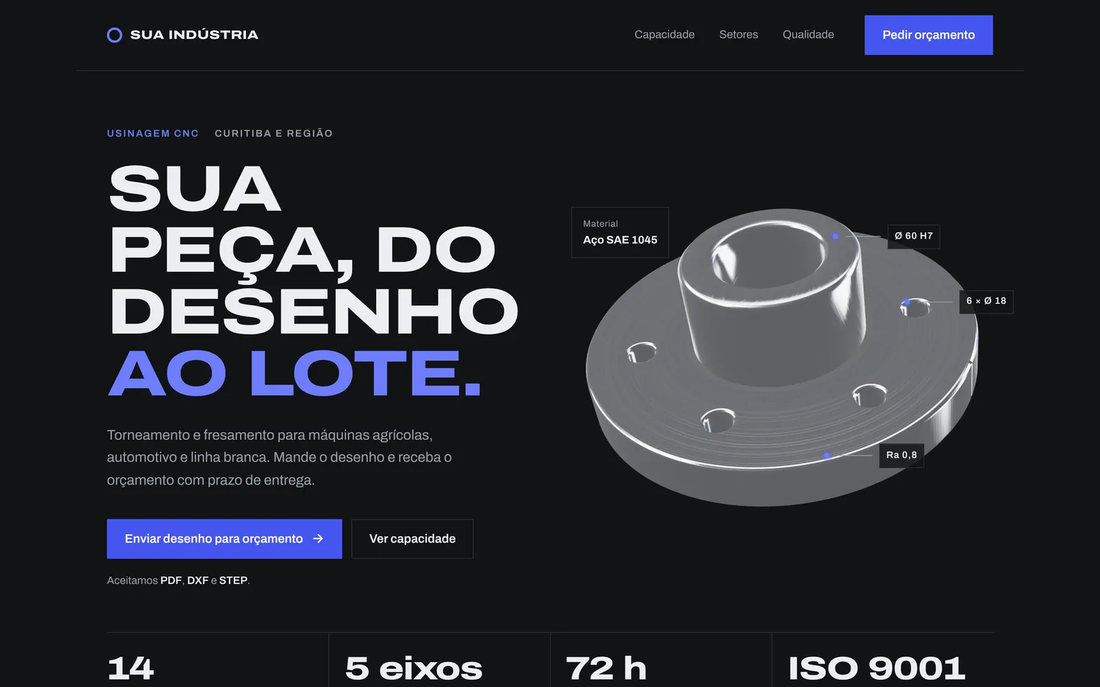 Exemplo de página para indústria de usinagem: título em caixa alta e desenho técnico de um flange com cotas.