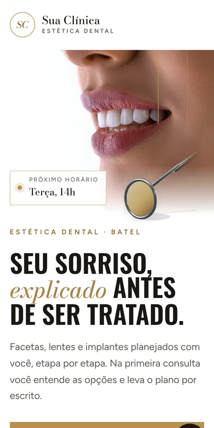 A página da clínica no celular, com o botão de agendar pelo WhatsApp na primeira tela.
